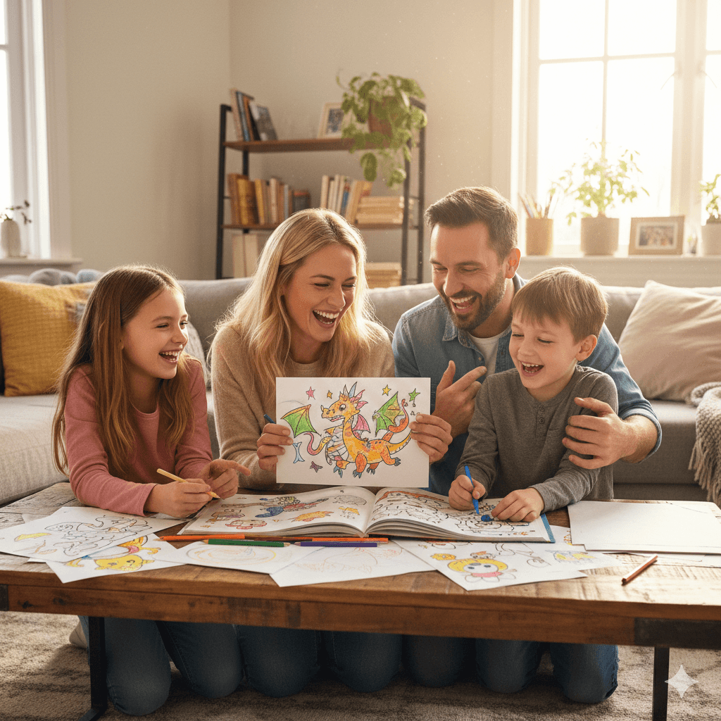 family with coloring book